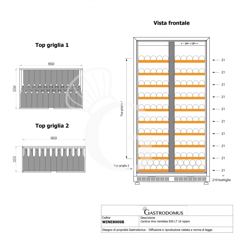 Einbau-Weinkühlschrank (800 L), 1 Kühlzone, 8 Fächer, 168 Flaschen, +5°C/+22°C, Umluftkühlung
