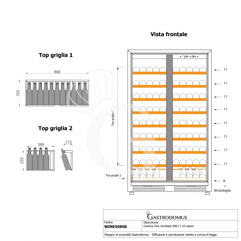 Einbau-Weinkühlschrank (508 L), 1 Kühlzone, 7 Fächer, 76 Flaschen, +5°C/+22°C, Umluftkühlung