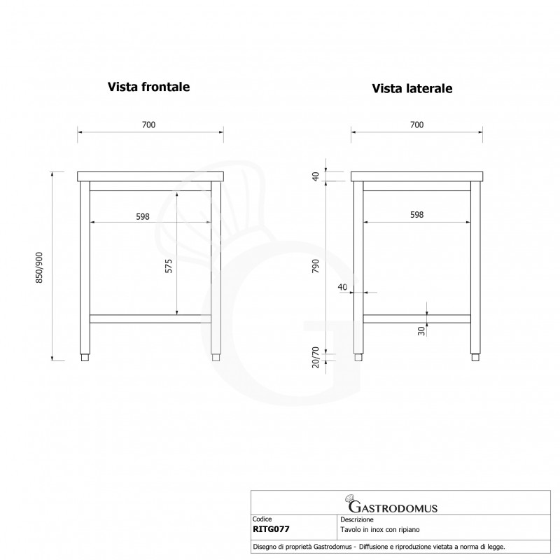 Edelstahltisch 1 Grundboden B 700 mm x T 700 mm x H 850 mm