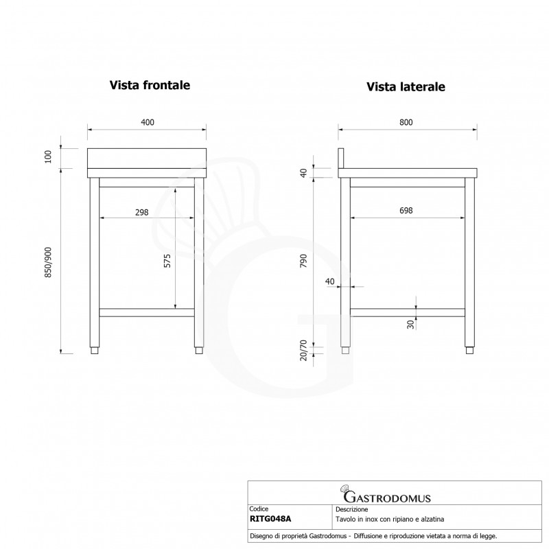 Edelstahltisch 1 Grundboden Aufsatz B 400 mm x T 800 mm x H 950 mm