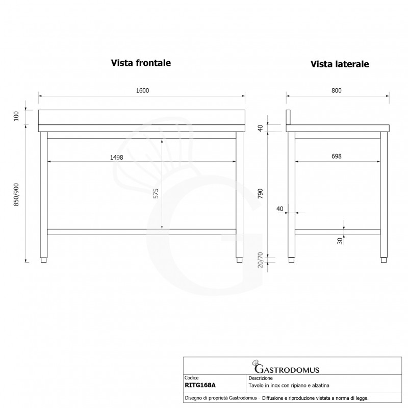 Edelstahltisch 1 Grundboden Aufsatz B 1600 mm x T 800 mm x H 950 mm