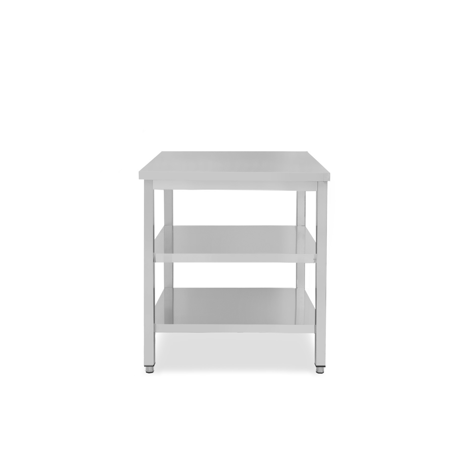 Tavolo semplice in acciaio inox con 2 ripiani e misure L 700 mm x P 800 mm x H 850 mm