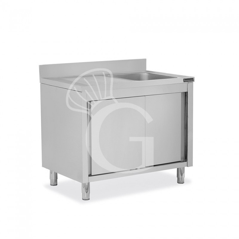 Spülschrank, Edelstahl, Abtropffläche links, Schiebetüren, 1 Becken, Aufkantung, B 1100 mm x T 700 mm x H 950 mm