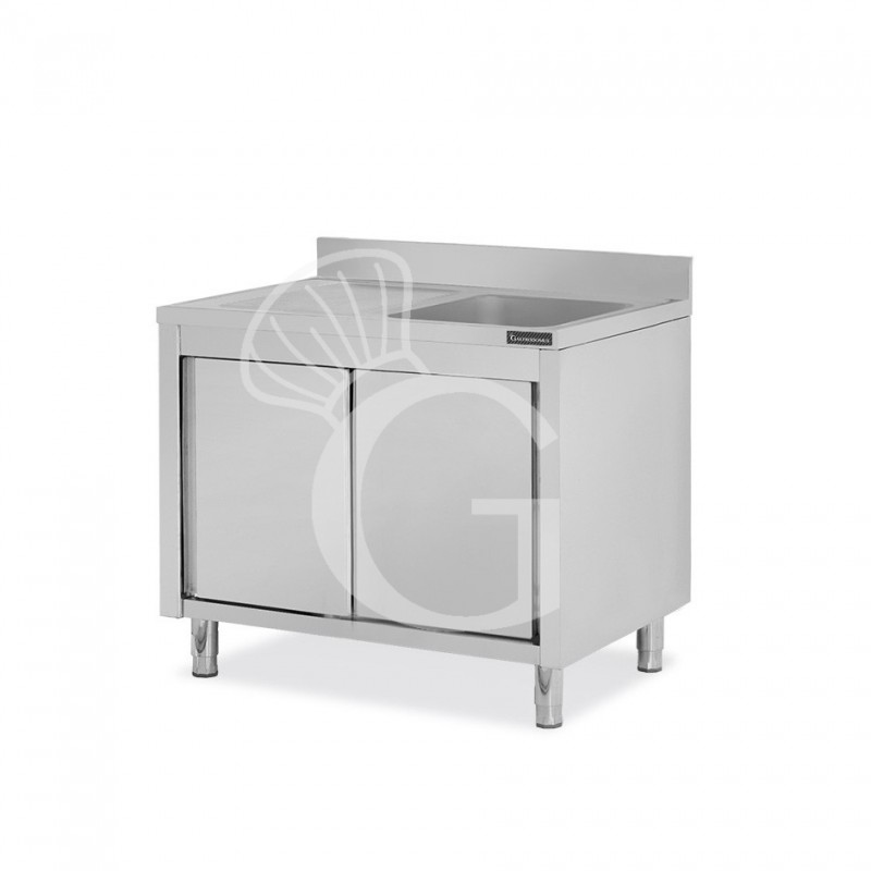 Spülschrank, Edelstahl, Abtropffläche links, Schiebetüren, 1 Becken, Aufkantung, B 1100 mm x T 700 mm x H 950 mm