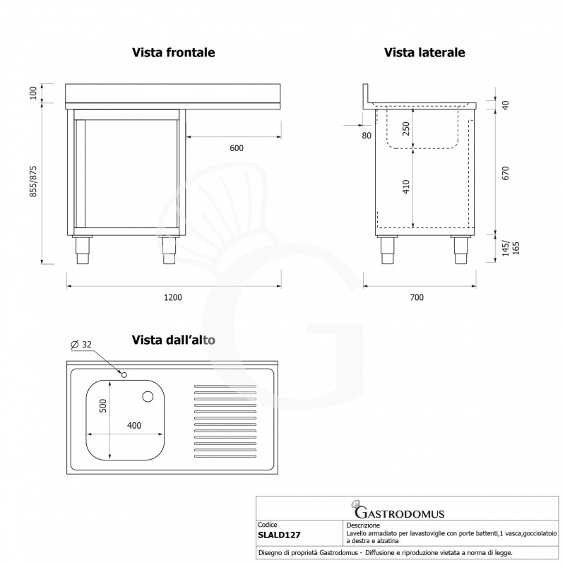 Spülmaschinen Spülschrank, Edelstahl, 1 Becken, Abtropffläche rechts, Flügeltür, Hahnloch Ø 32 mm, B 1200 x T 700 x H 965 mm