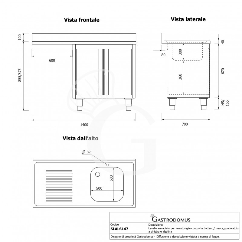 Spülmaschinen Spülschrank, Edelstahl, 1 Becken, Abtropffläche links, Flügeltür, B 1400 mm x T 700 mm x H 950 mm