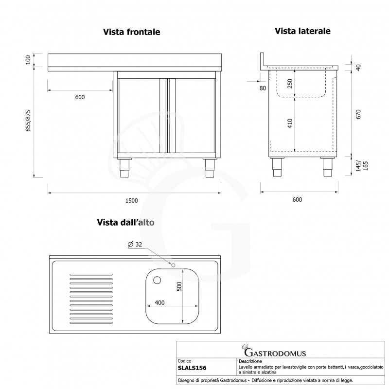 Spülmaschinen Spülschrank, Edelstahl, 1 Becken, Abtropffläche links, Flügeltüren, B 1500 mm x T 600 mm x H 950 mm
