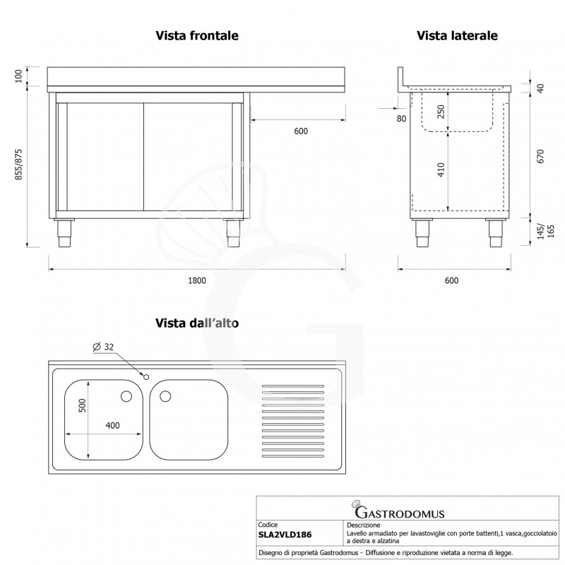 Spülmaschinen Spülschrank, Edelstahl, 2 Becken, Abtropffläche rechts, Schiebetüren, B 1800 mm x T 600 mm x H 950 mm