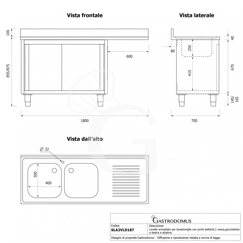 Spülmaschinen Spülschrank, Edelstahl, 2 Becken, Abtropffläche rechts, Schiebetüren, 1800x700x965 mm - mit Hahnloch Ø 32 mm