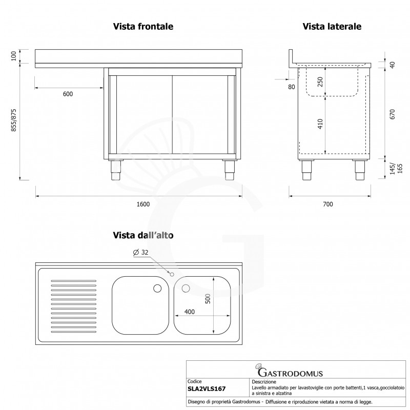 Spülmaschinen Spülschrank, Edelstahl, 2 Becken, Abtropffläche links, Schiebetüren, Aufkantung, B 1600 mm x T 700 mm x H 950 mm