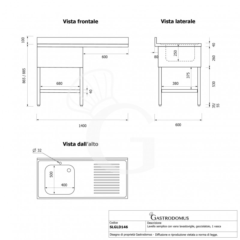 Spülmaschinen Spültisch (1400x600x965 mm), Edelstahl, 1 Becken, Abtropffläche rechts, Grundboden, Aufkantung, Hahnloch (Ø 32 mm)