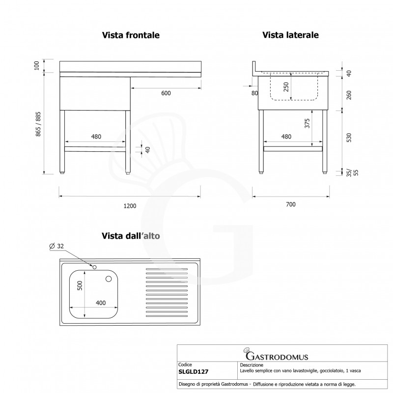 Spülmaschinen Spültisch (1200x700x965 mm), Edelstahl, 1 Becken, Abtropffläche rechts, Grundboden, Aufkantung, Hahnloch (Ø 32 mm)
