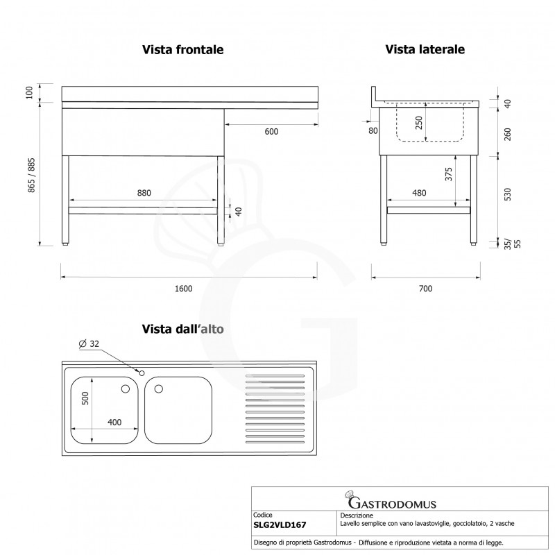 Spüle mit Spülmaschinenfach, Abtropffläche rechts, 2 Wannen B 1600 mm x T 700 mm x H 965 mm mit Hahnloch Ø 32 mm
