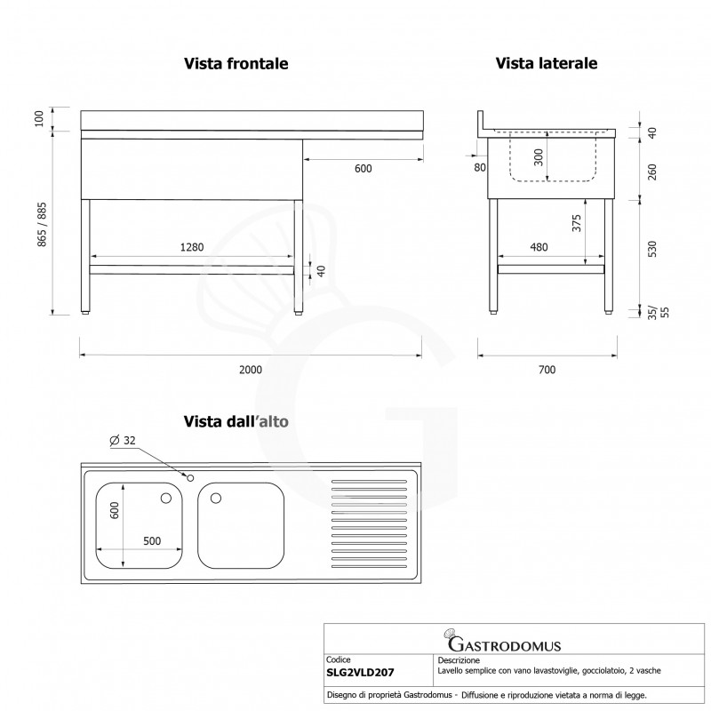 Spülmaschinen Spültisch, Edelstahl, 2 Becken, Abtropffläche rechts, Grundboden, B 2000 x T 700 x H 950 mm, Hahnloch (Ø 32 mm)