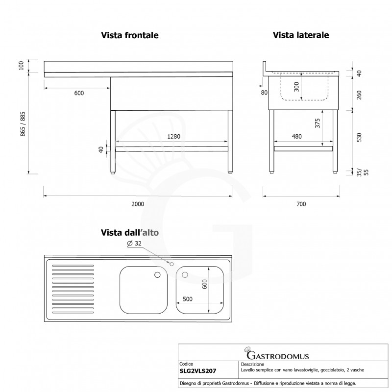 Spülmaschinen Spültisch, Edelstahl, 2 Becken, Abtropffläche links, Grundboden, B 2000 x T 700 x H 965 mm, Hahnloch (Ø 32 mm)