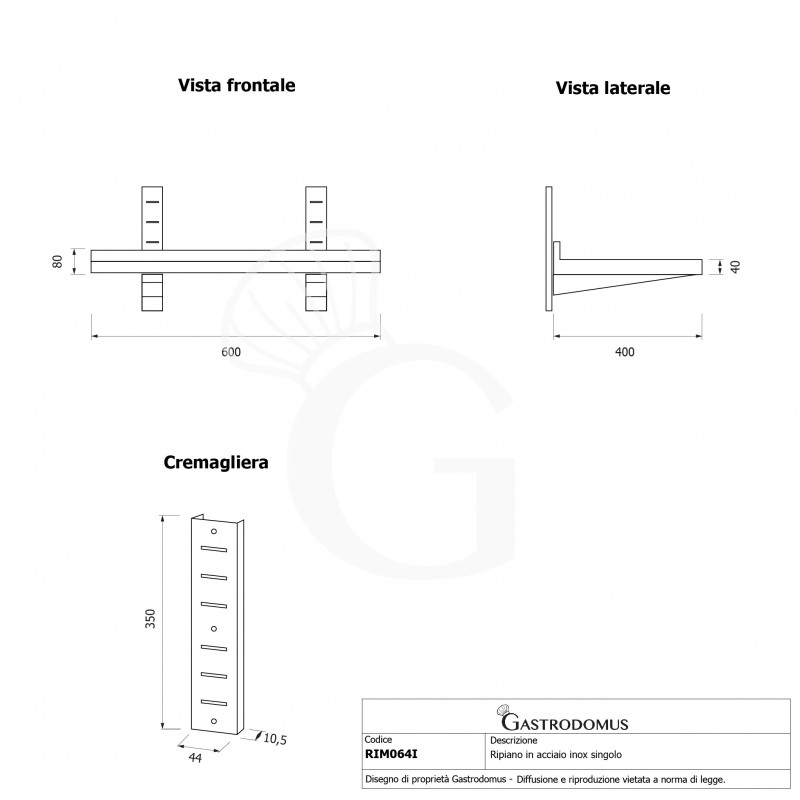 Wandbord aus Edelstahl, B 600 mm x T 400 mm x H 350 mm