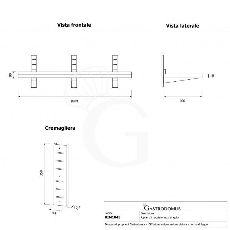 copy of Mensola in acciaio inox singola, L 1800 mm x P 400 mm x H 700 mm