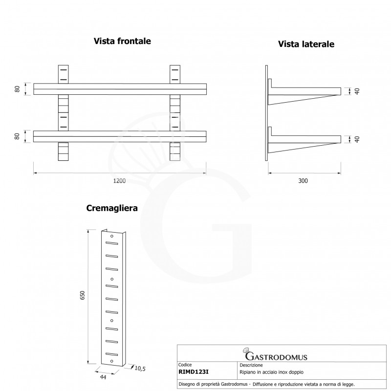 copy of Mensola in acciaio inox doppia, L 1200 mm x P 300 mm x H 700 mm