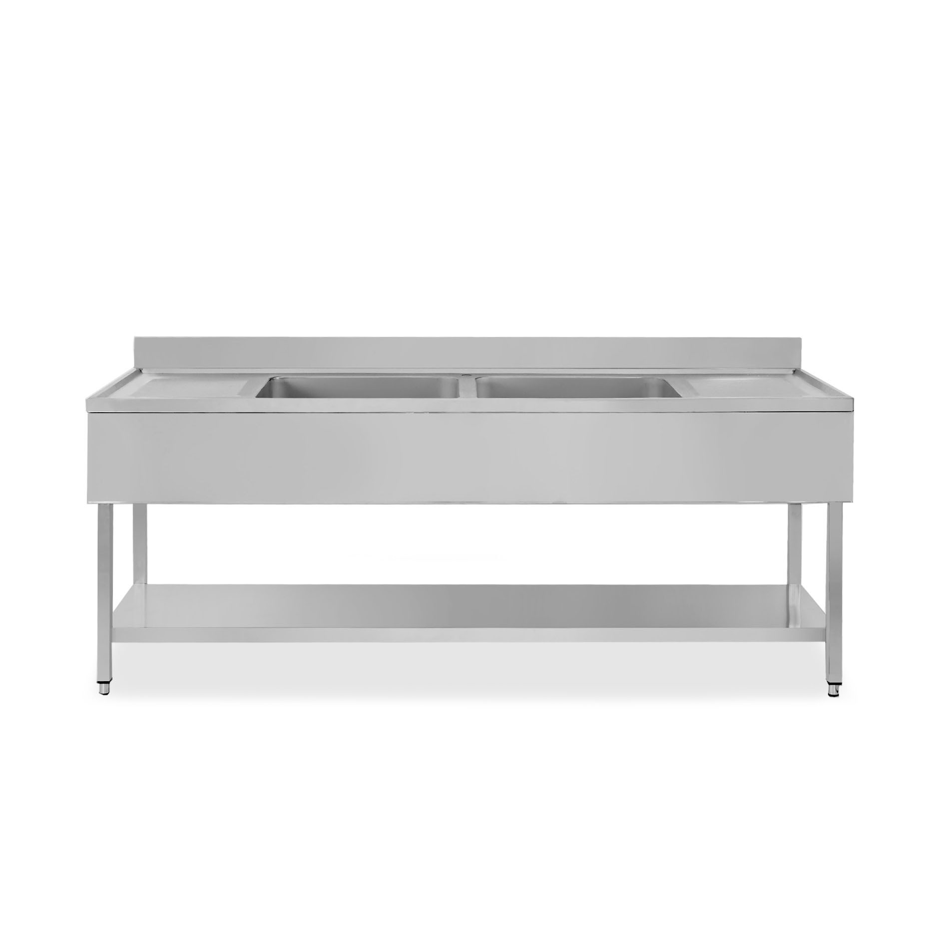 Lavello semplice con alzatina, 1 ripiano, 2 vasche, 2 gocciolatoi, L2000xP600xH850mm