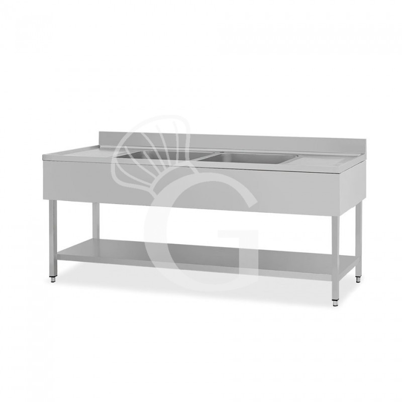 Lavello semplice con alzatina, 1 ripiano, 2 vasche, 2 gocciolatoi, L2000xP600xH850mm