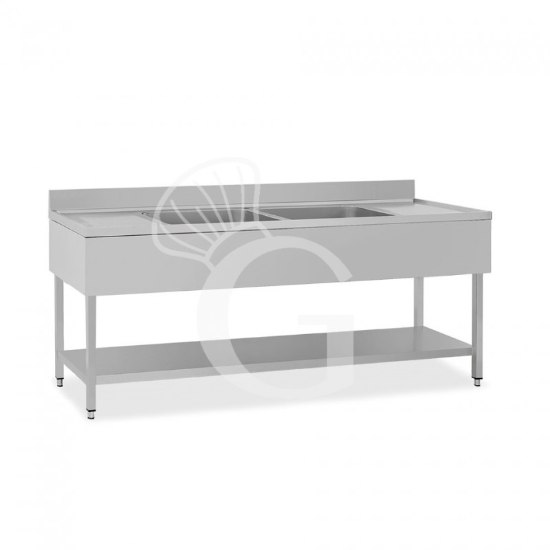 Lavello semplice con alzatina, 1 ripiano, 2 vasche, 2 gocciolatoi, L2000xP600xH850mm