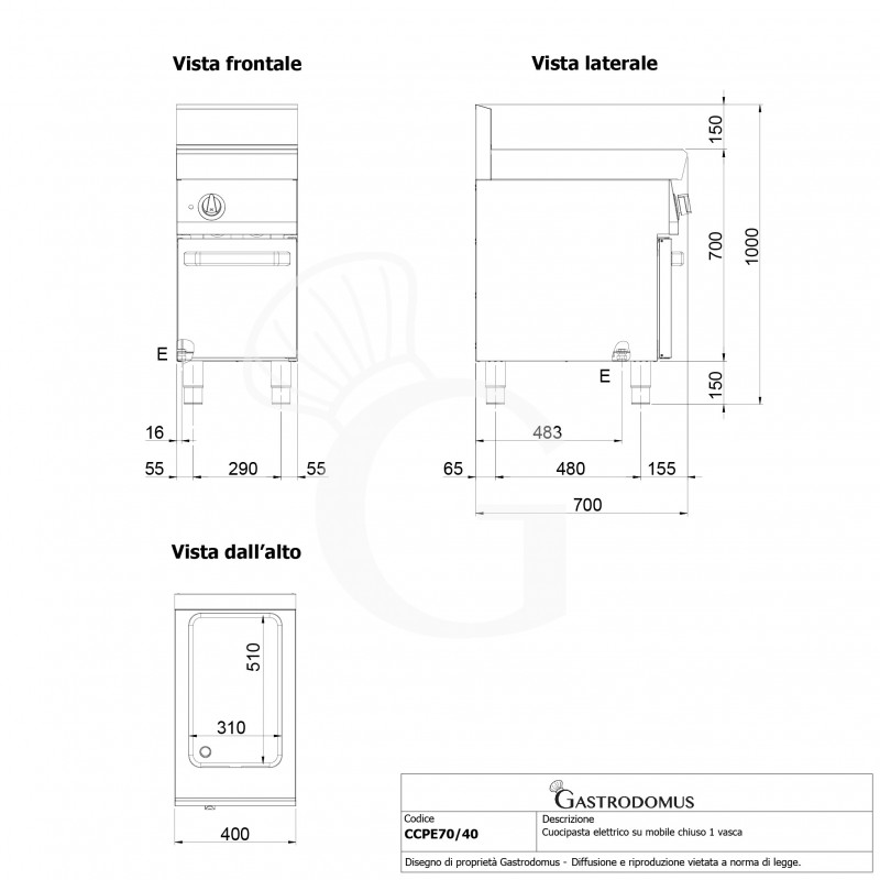 Profi Elektro-Nudelkocher, 1 Becken (40 Liter) mit Schrank (B 400 mm x T 700 mm x H 850 mm)