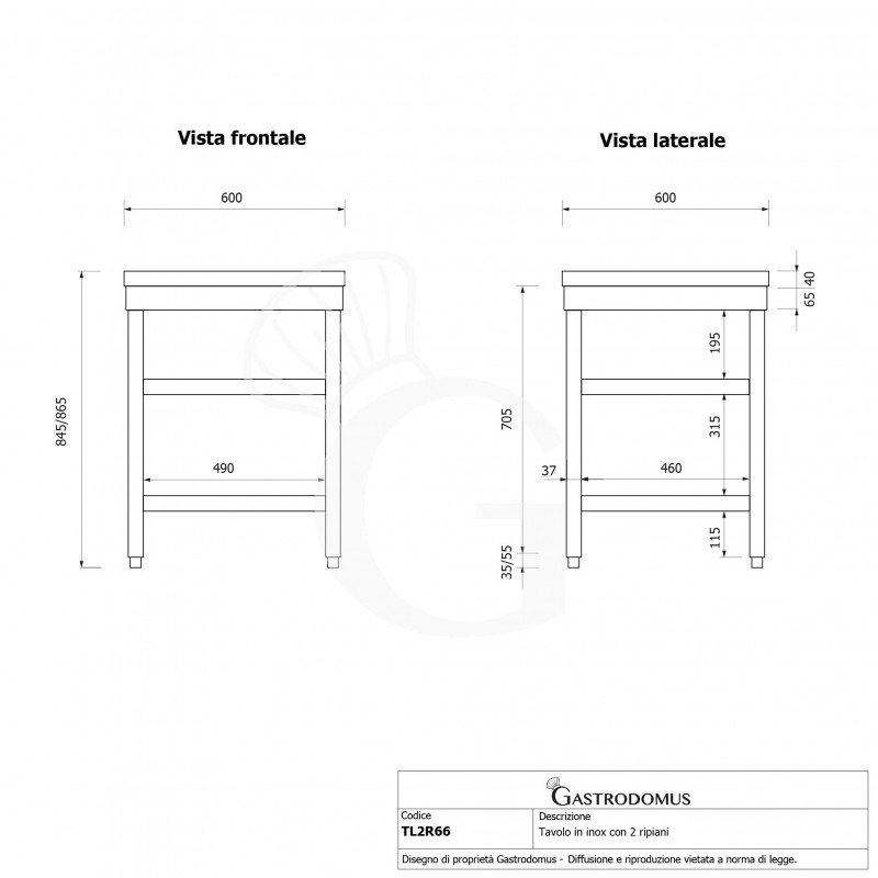 Edelstahltisch, 2 Regalböden, B 600 mm X T 600 mm X H 865 mm