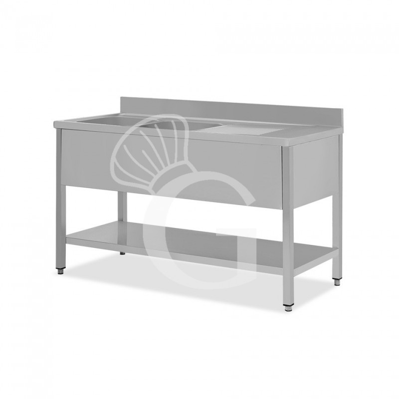 Spültisch, Edelstahl, 2 Becken, Abtropffläche rechts, Grundboden, Aufkantung, B 1500 mm x T 600 mm x H 950 mm