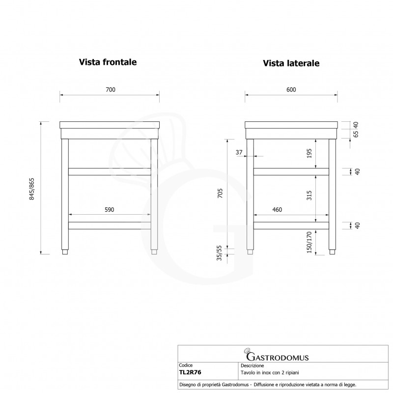 Edelstahltisch, 2 Regalböden, B 700 mm X T 600 mm X H 865 mm