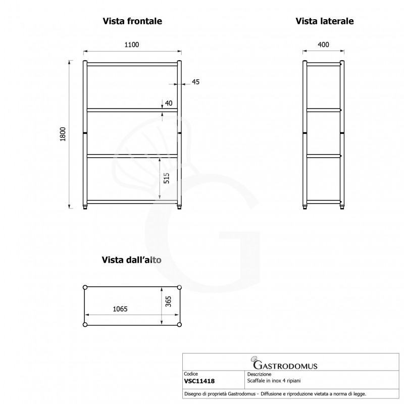 copy of Scaffale in acciaio inox con 4 ripiani, L 1000 x P 400 x H 1800 mm