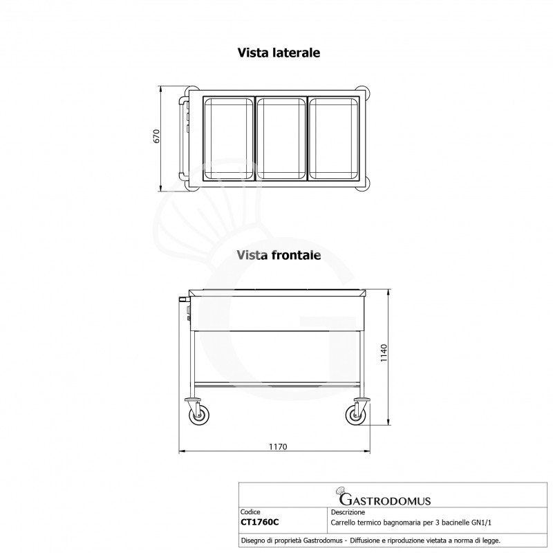 Thermowagen/Speisenausgabewagen Bainmarie, 3 GN1/1 Behälter, B 1170 mm x T 670 mm x H 1140 mm