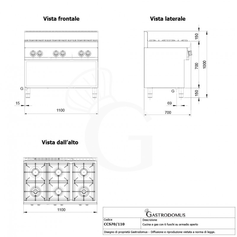 Professioneller Gasherd mit 6 Brenner und offenen Unterbau, Tiefe 700 mm