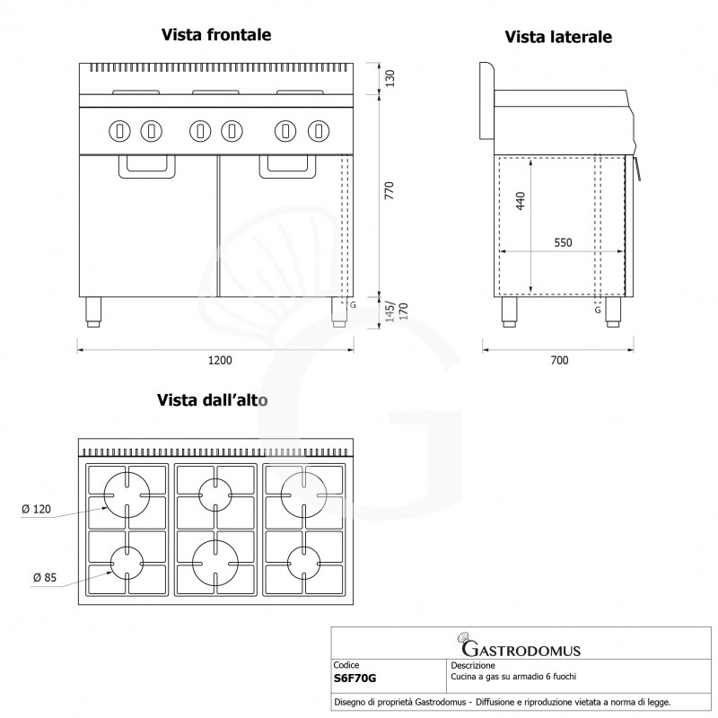 copy of Piano di cottura gas - 6 fuochi - armadio aperto - bacinelle smaltate