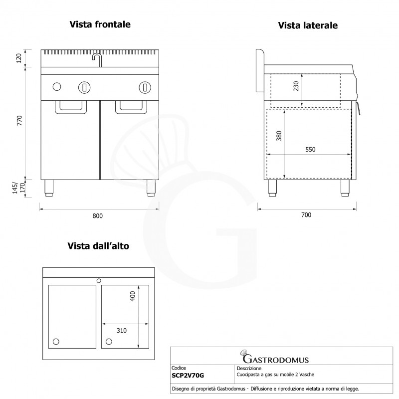 copy of Cuocipasta a gas su mobile chiuso - 1 vasca - capacità 40 LT - Lungh 700 mm