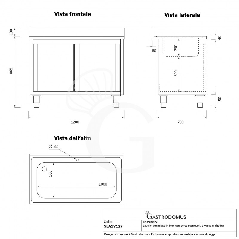 Topf-Spülschrank, Edelstahl, Schiebetüren, 1 Becken, Aufkantung, Hahnloch Ø 32 mm, B 1200 mm x T 700 mm x H 965 mm