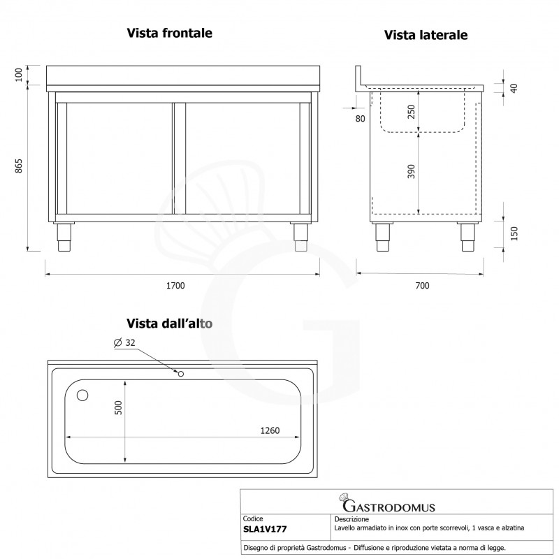 Topf-Spülschrank, Edelstahl, Schiebetüren, 1 Becken, Aufkantung, Hahnloch Ø 32 mm, B 1700 mm x T 700 mm x H 965 mm