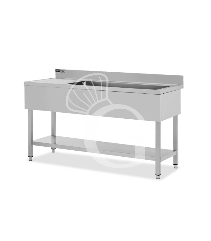 Spültisch, Edelstahl, Abtropffläche links, Grundboden, Aufkantung, 1 Becken, B 1500 x T 700 x H 965 mm, Hahnloch (Ø 32 mm)