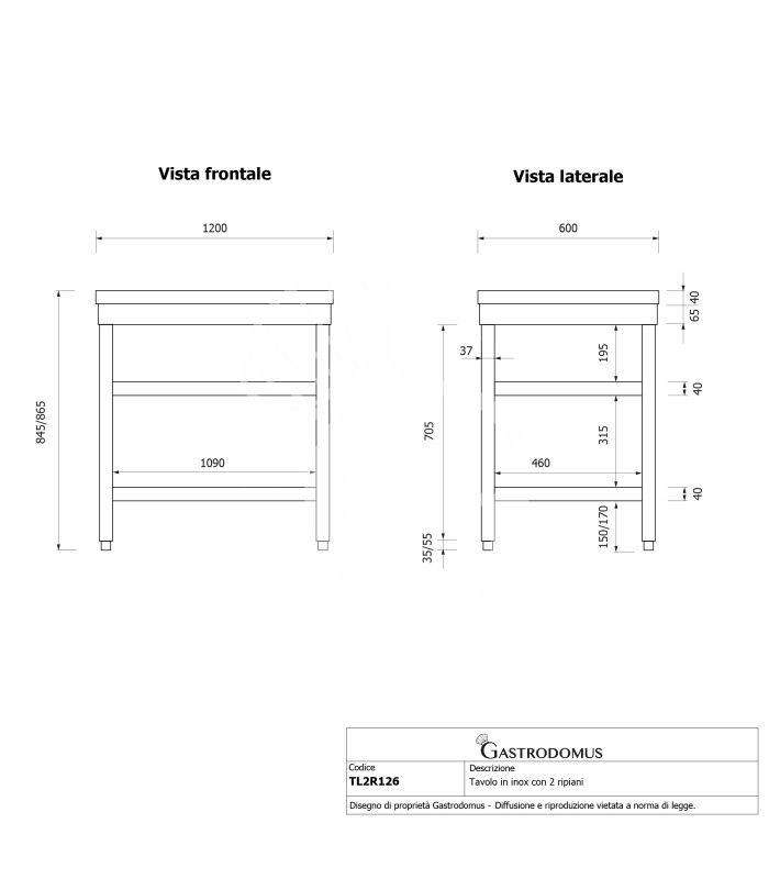 Edelstahltisch, 2 Regalböden, B 1200 mm X T 600 mm X H 865 mm