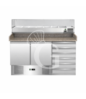 Pizzakühltisch / Saladette, 3 Türen, 6 Schubladen, Temperatur +2°C/+8°C, Arbeitsplatte aus Granit, Kühlaufsatzvitrine
