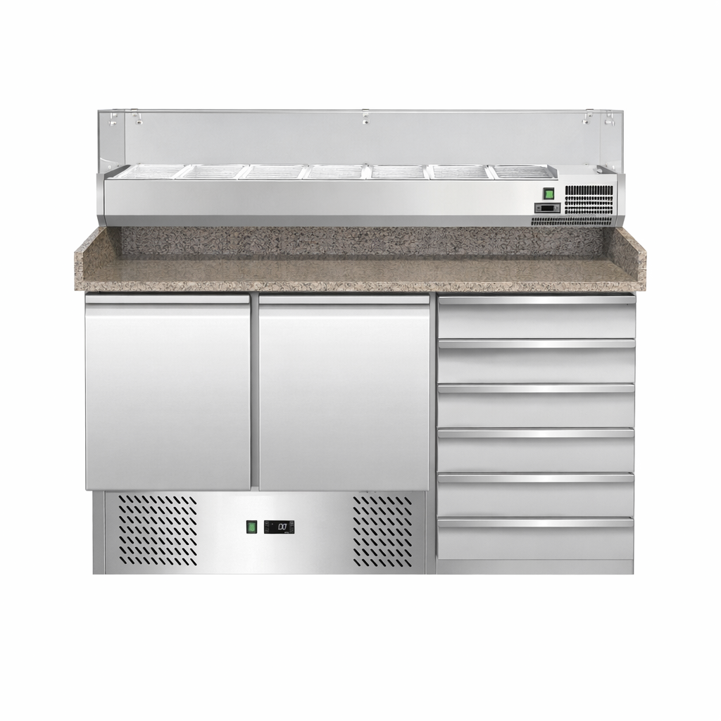 Pizzakühltisch / Saladette, 3 Türen, 6 Schubladen, Temperatur +2°C/+8°C, Arbeitsplatte aus Granit, Kühlaufsatzvitrine