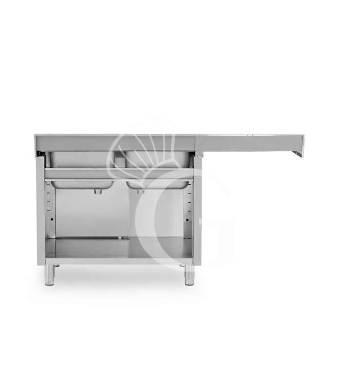 Spülmaschinen Spülschrank, Edelstahl, 2 Becken, Abtropffläche links, Schiebetüren, Aufkantung, B 1800 mm x T 600 mm x H 950 mm