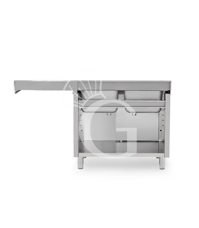 Spülmaschinen Spülschrank, Edelstahl, 2 Becken, Abtropffläche rechts, Schiebetüren, Hahnloch Ø 32 mm, B 1600 x T 600 x H 965 mm