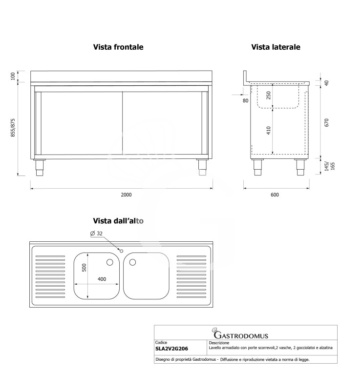 Spülschrank, Edelstahl, Schiebetüren, 2 Becken, 2 Abtropfflächen, Aufkantung, Hahnloch Ø 32 mm, B 2000 x T 600 x H 965 mm