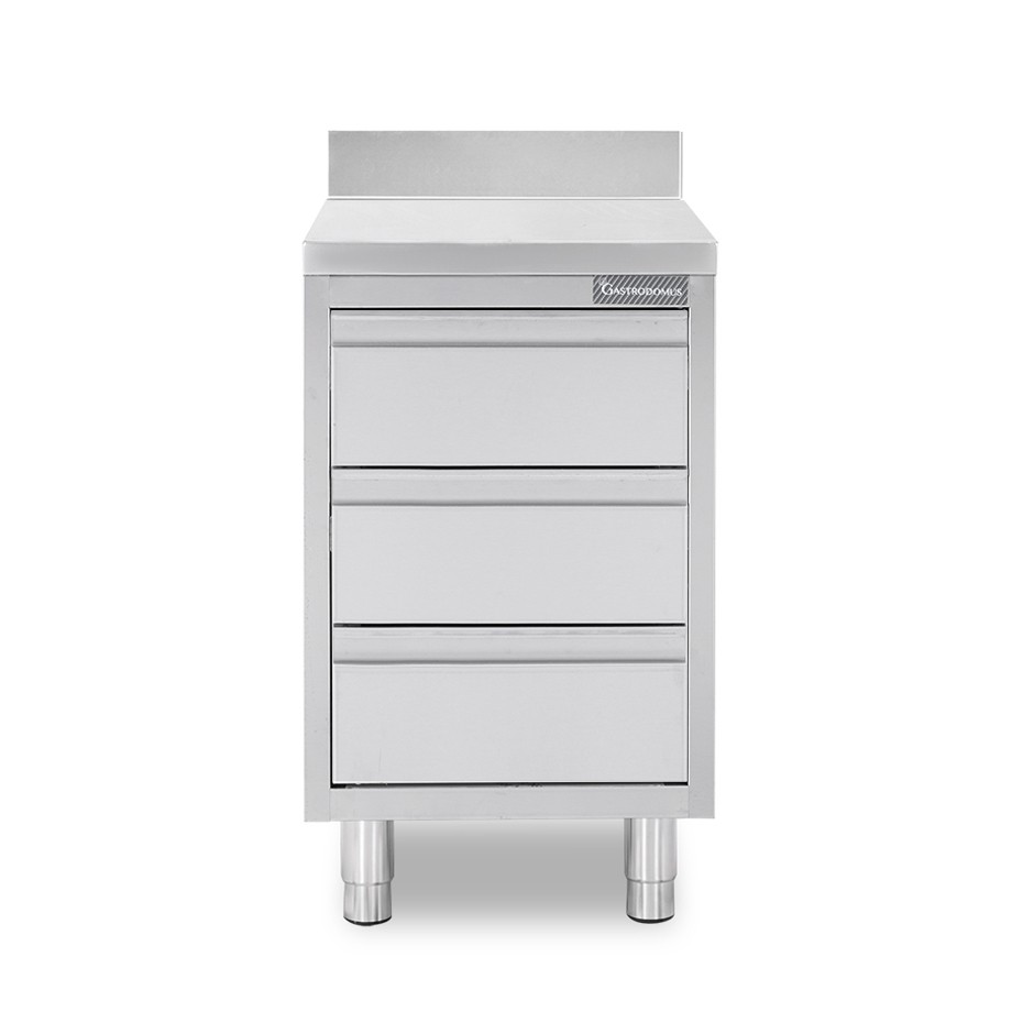 Schubladenschrank, Edelstahl, 3 Schubladen, Aufkantung, B 500 X T 700 X H 950 mm