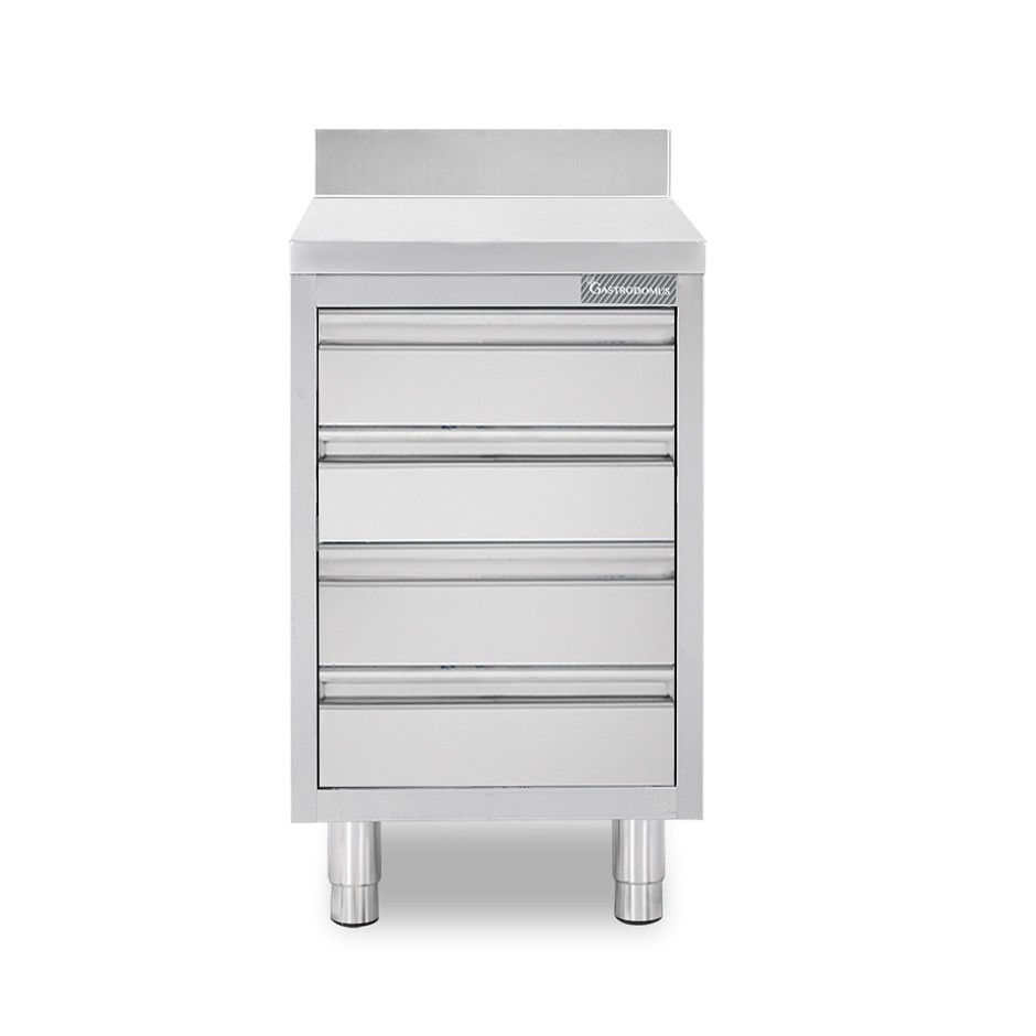 Schubladenschrank, Edelstahl, 4 Schubladen, Aufkantung, B 500 X T 700 X H 950 mm