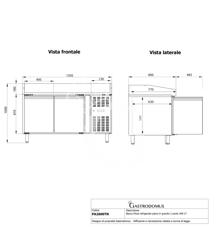 Pizzakühltisch, 2 Türen, 390 Liter, Gitter 600 x 400 mm