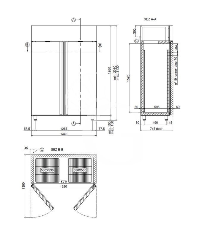 Kühlschrank (1200 Liter), Umluftkühlung, 2-türig, Temperatur 0°C /+10°C, Energieklasse D