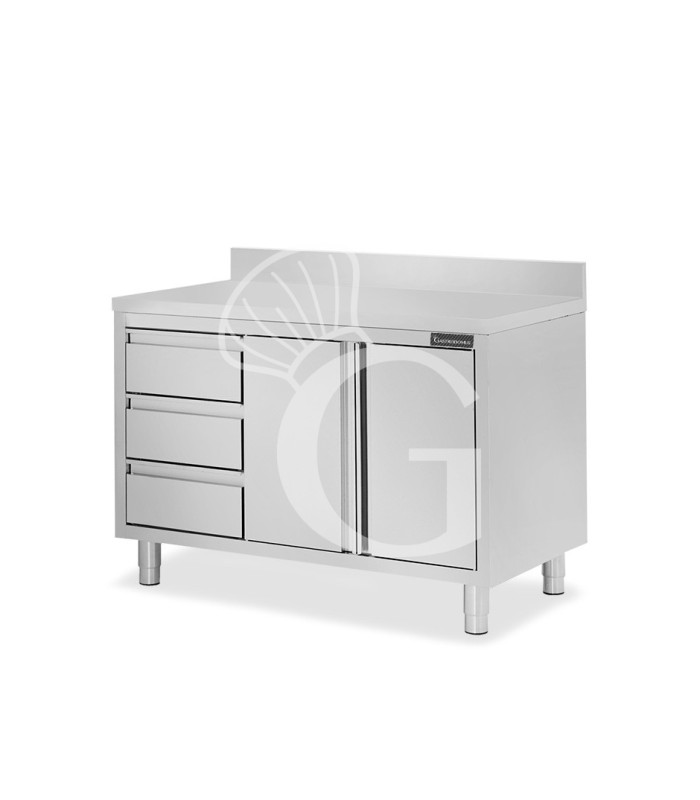 Schranktisch aus Edelstahl 2 Schiebetüren 3 Schubladen links Aufsatz B 1400 mm x T 600 mm x H 950 mm