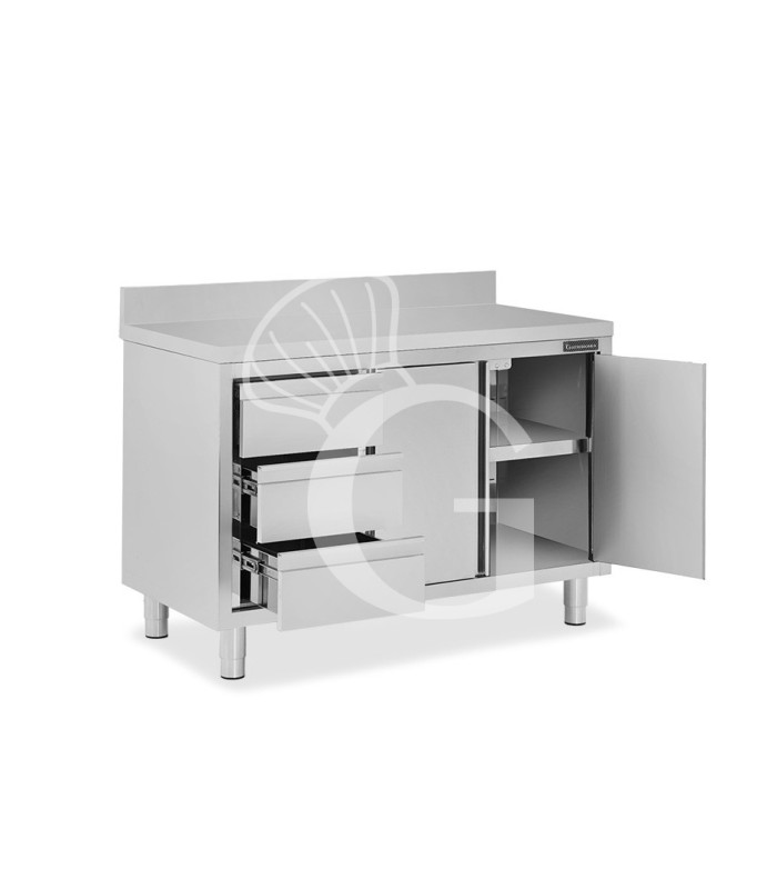 Schranktisch aus Edelstahl 2 Schiebetüren 3 Schubladen links Aufsatz B 1400 mm x T 600 mm x H 950 mm