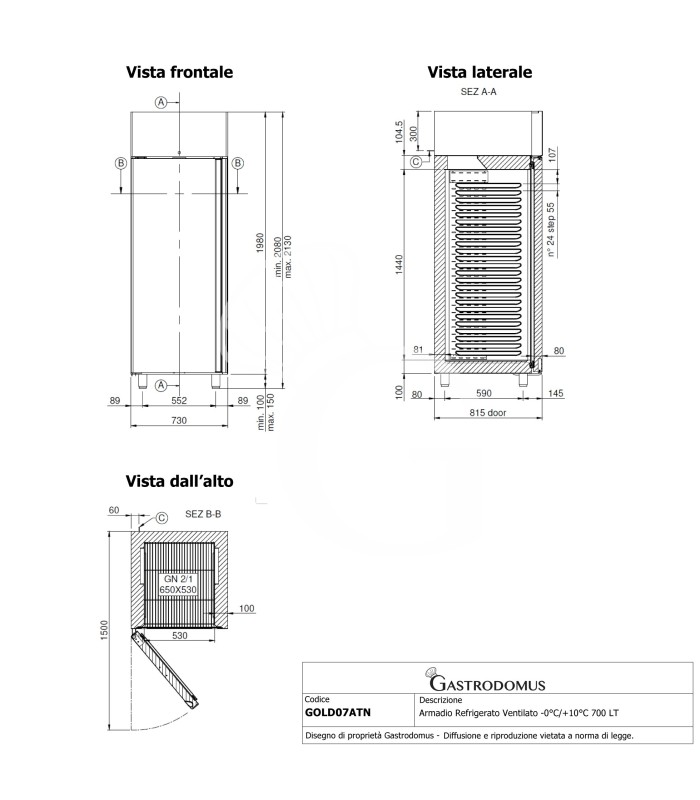 Kühlschrank (700 Liter), Edelstahl, Umluftkühlung, Temperatur 0°C /+10°C, Energieklasse A